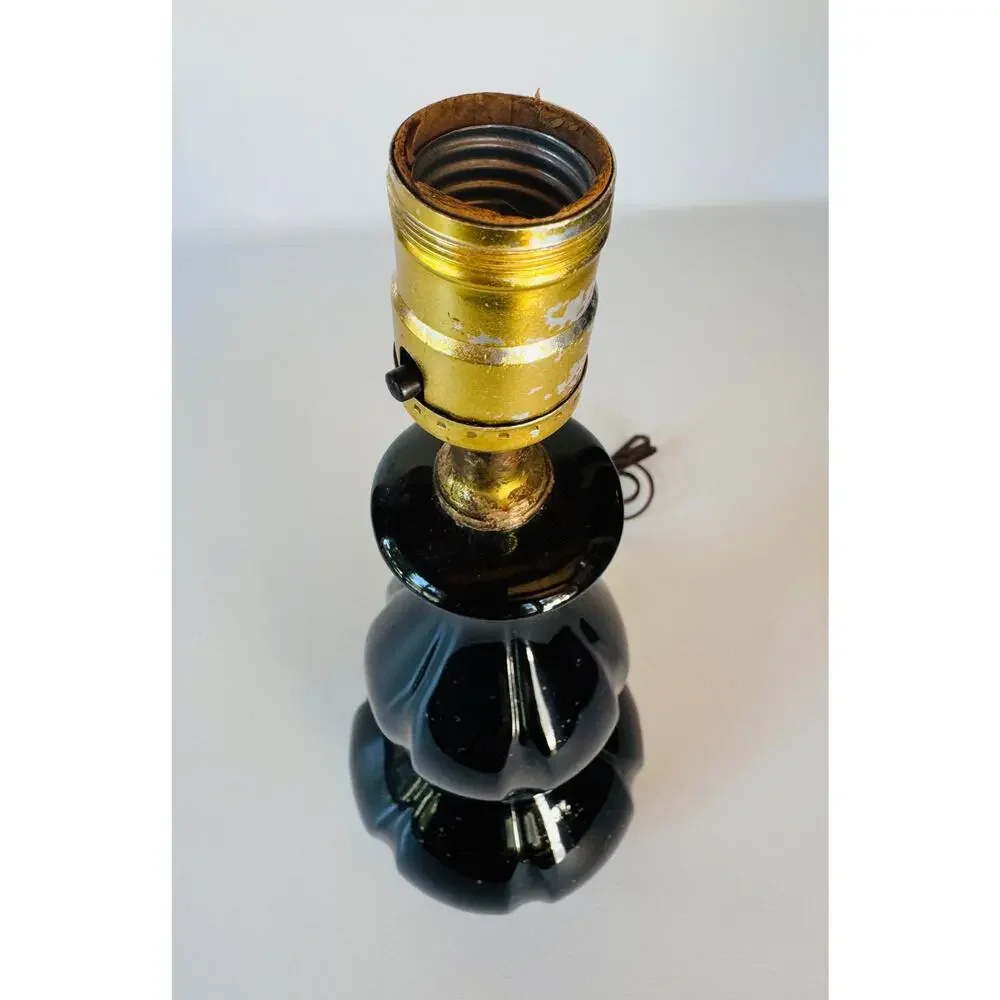 Vintage Black Ceramic Gold Spatter Table Lamp Glossy Mid Century 16.25